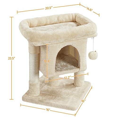 Beige cat tree condo with dimensions and a hanging ball toy.