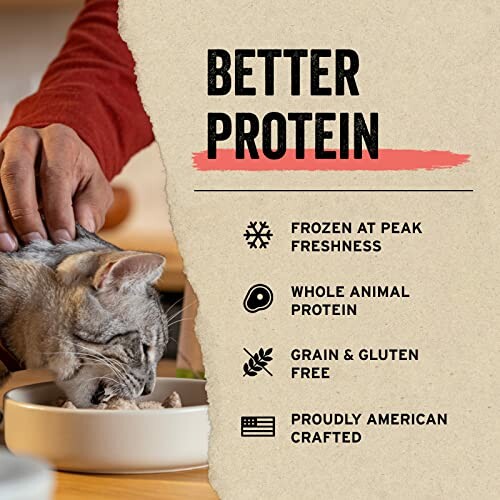 Person feeding a cat with text highlighting benefits of better protein cat food.