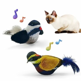 Cat observing two plush bird toys with musical notes.