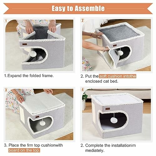Step-by-step instructions for assembling a cat bed with a soft cushion.