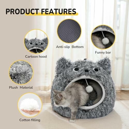 Cat bed with cartoon hood, anti-slip bottom, plush material, and cotton filling.
