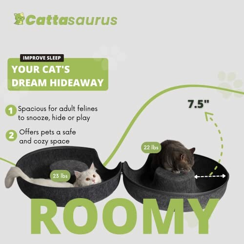 Two cats in a spacious cat bed with measurements and features highlighted.