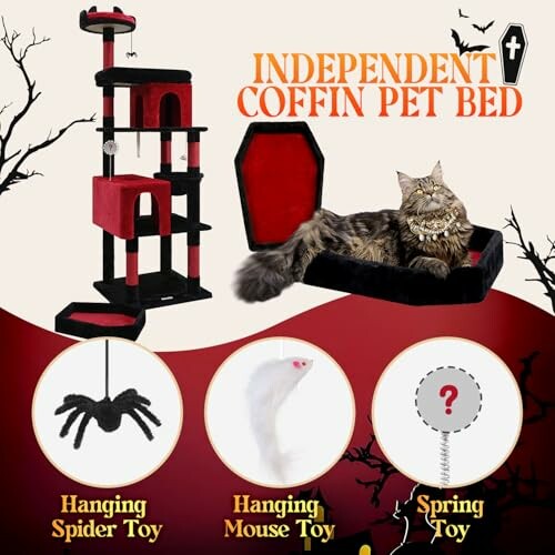 Cat resting in coffin-shaped pet bed with cat tree and toys, showcasing the comfort and style of the cat furniture.