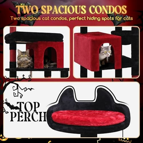 Two spacious cat condos and a top perch for cats, showcasing the multiple levels and perches of the cat tower.