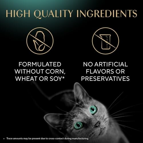 Cat food advertisement highlighting no corn, wheat, soy, or artificial additives.