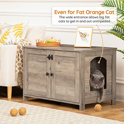 Cat entering wooden cabinet with wide entrance