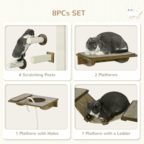 Four types of cat furniture: scratching posts, platforms, platform with holes, and platform with a ladder.