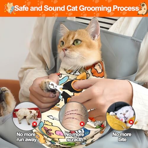 Cat being groomed safely with protective wrap.