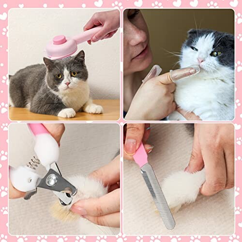 Collage of cat grooming tools and a cat being groomed.