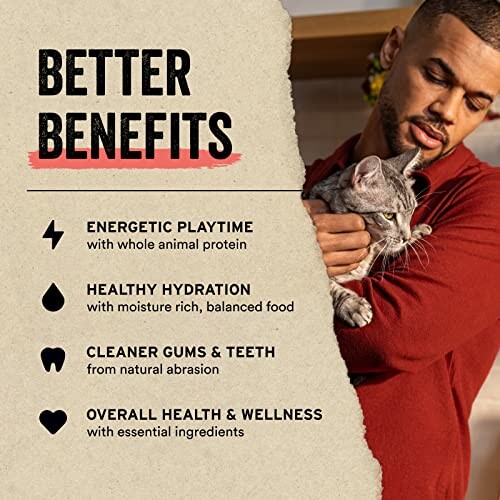 Man holding cat with text listing benefits: energetic playtime, healthy hydration, cleaner gums and teeth, overall health.