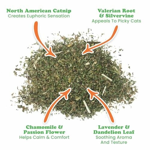Blend of cat herbs with labels: North American Catnip, Valerian Root & Silvervine, Chamomile & Passion Flower, Lavender & Dandelion Leaf.