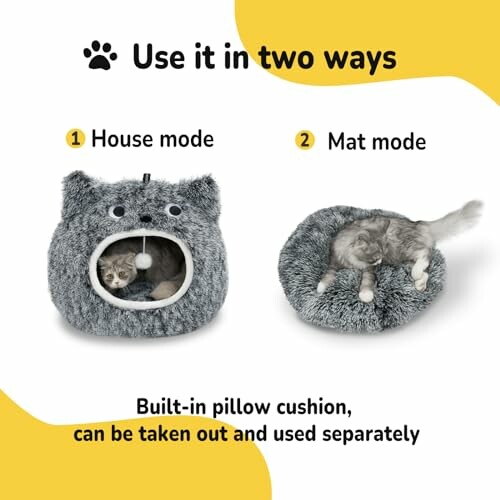 Cat in house mode and mat mode pet bed with built-in pillow cushion.