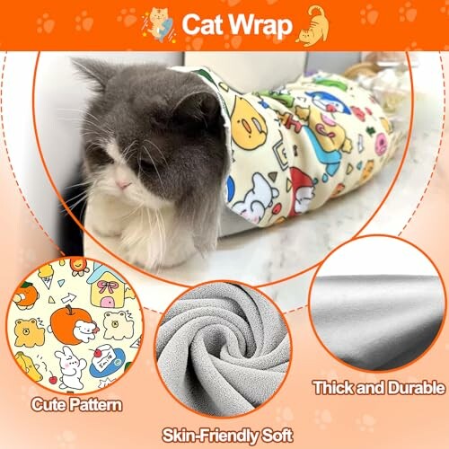 Cat wrapped in a colorful cartoon-patterned fabric.
