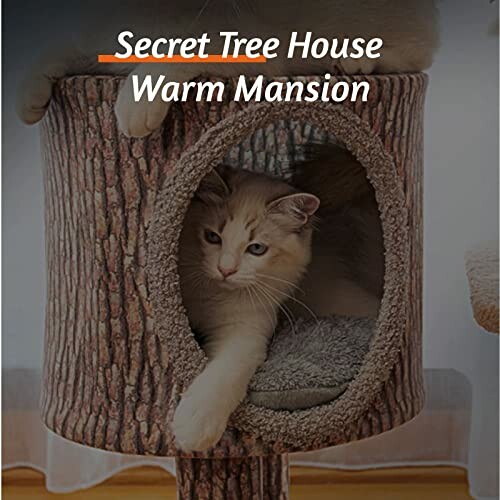 Cat resting in a tree-shaped cat house.