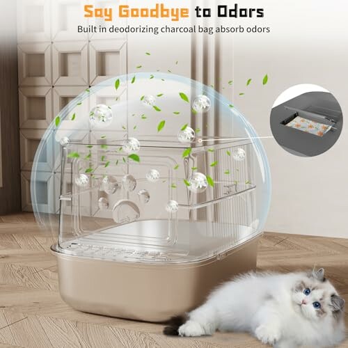 Cat laying beside a litter box with deodorizing feature.