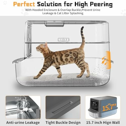 Cat using a transparent litter box with anti-leak features.