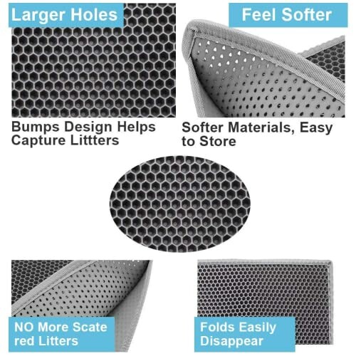 Features of a cat litter mat including larger holes, softer materials, bumps design, and easy foldability.