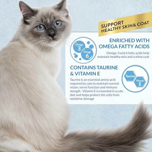 Cat with information on omega fatty acids and vitamins for healthy skin and coat.