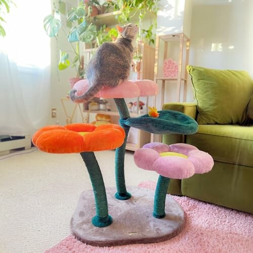 Cat sitting on a flower-shaped cat tree in a living room.