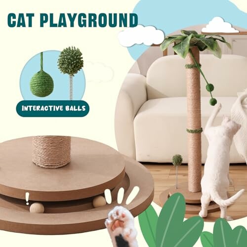 Cat playing with interactive tree and ball toy in a living room.