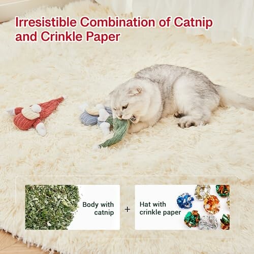Cat playing with catnip and crinkle paper toys on a rug.