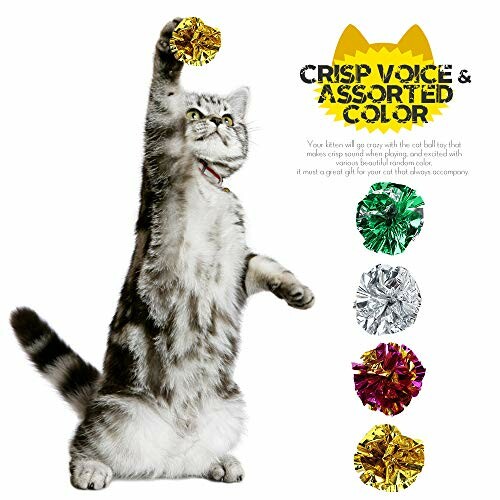 Cat playing with assorted colorful crinkle balls.