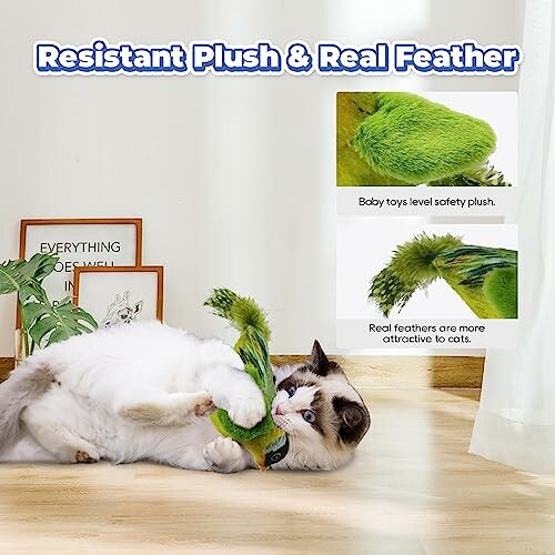 Cat playing with plush and feather toy on floor.