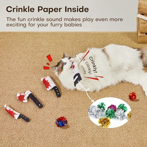 Cat playing with crinkle paper toys on carpet.
