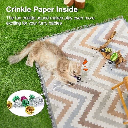 Cat on rug playing with crinkle toys on grass.