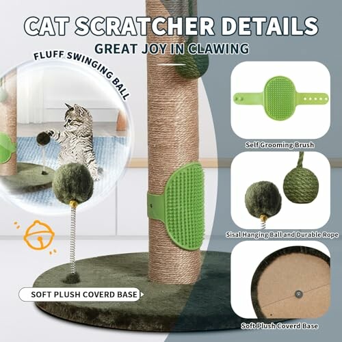 Cat scratcher with swinging ball, self grooming brush, and soft plush base.