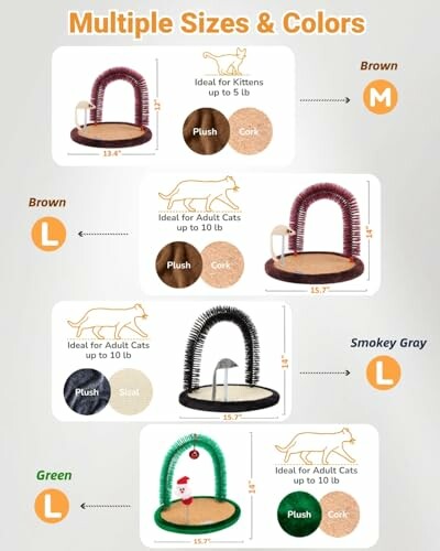 Cat scratcher sizes and colors with plush and cork options
