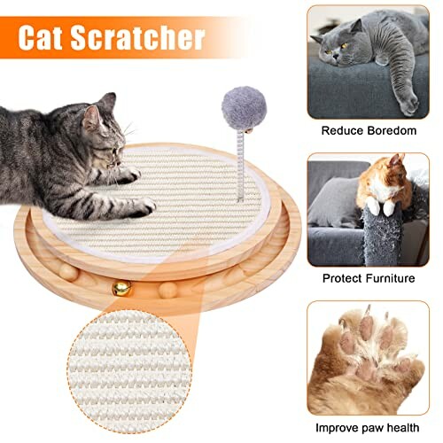Cat scratcher with toy, showing a cat using it and benefits like reducing boredom, protecting furniture, and improving paw health.