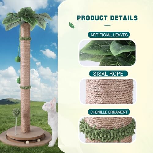 Cat scratching post with artificial leaves, sisal rope, and chenille ornament.