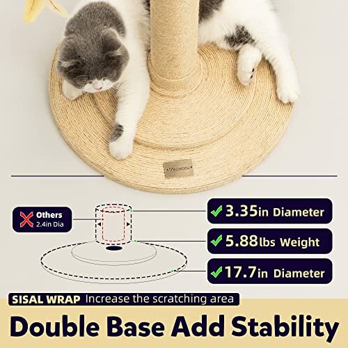 Cat on sisal-wrapped scratching post with double base stability features.