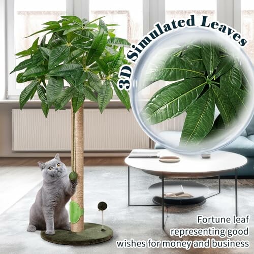 Cat scratching post with 3D simulated leaves, fortune leaf for good wishes.