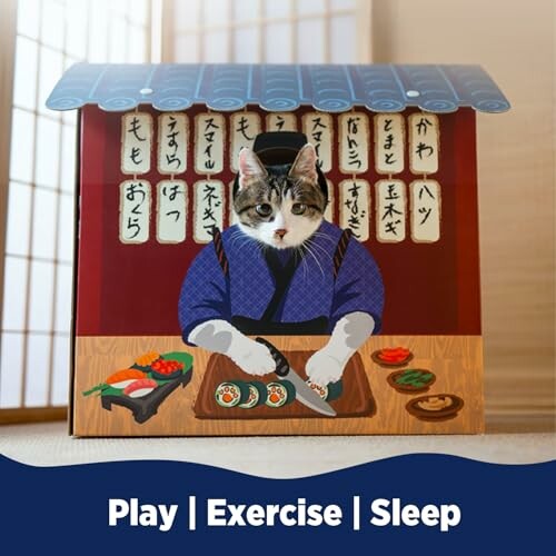 Cat dressed as sushi chef in decorative box.