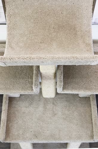 Beige carpeted cat tower with multiple platforms