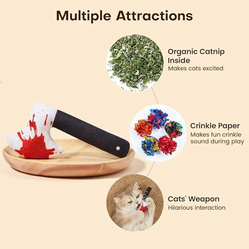 Cat toy with organic catnip, crinkle paper, and humorous design.