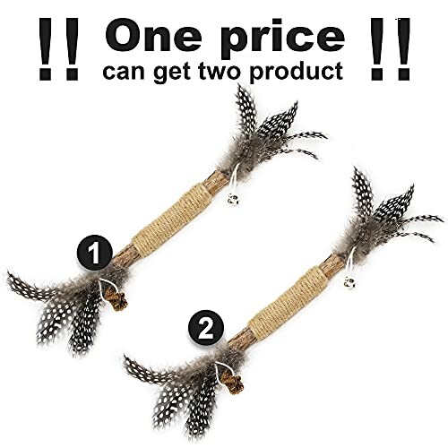 Two feather cat toys with bells and text 'One price can get two product'.