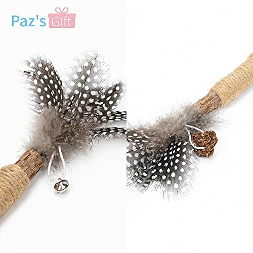 Cat toy feather wand with bell and natural wood handle.