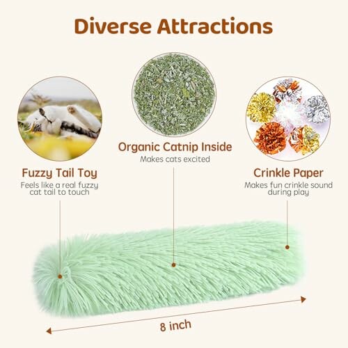 Cat toy features with fuzzy tail, catnip, and crinkle paper.