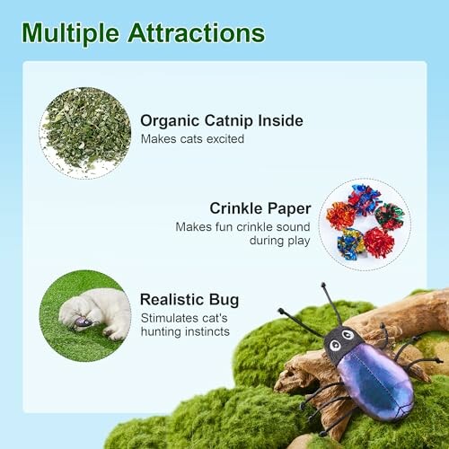 Cat toy features: organic catnip, crinkle paper, realistic bug.