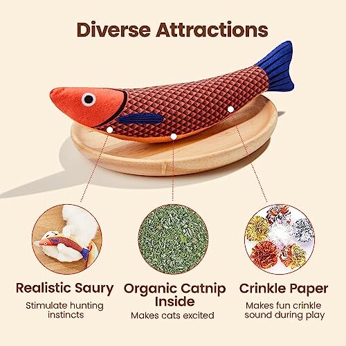 Cat toy fish with diverse attractions: realistic saury, organic catnip, crinkle paper.