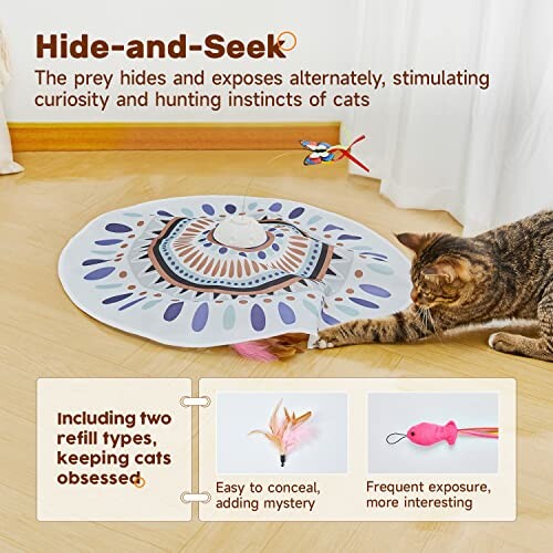Cat playing with interactive hide-and-seek toy with refillable attachments.