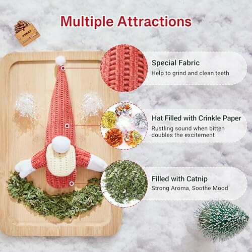 Cat toy with special fabric, crinkle paper, and catnip features.