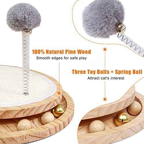 Cat toy with natural pine wood, three toy balls, and a spring ball.