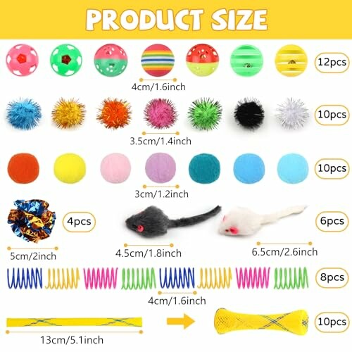 Assorted cat toys including balls, pom poms, crinkle toys, mice, springs, and tube.