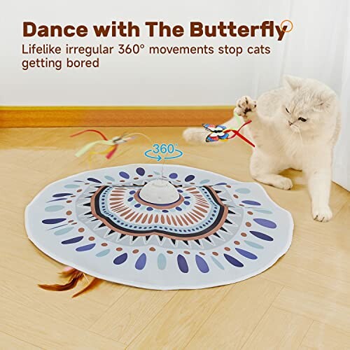 Cat playing with interactive 360-degree movement toy.