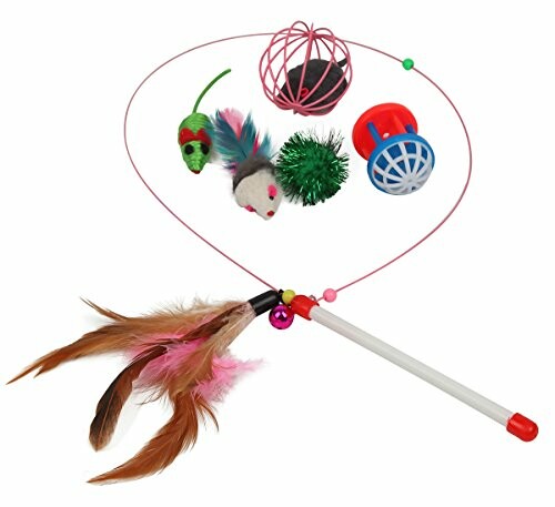 Assorted cat toys including feathers, balls, and a mouse.