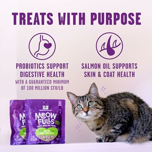 Cat with Meow Fulls treats highlighting probiotics for digestive health and salmon oil for skin and coat health.